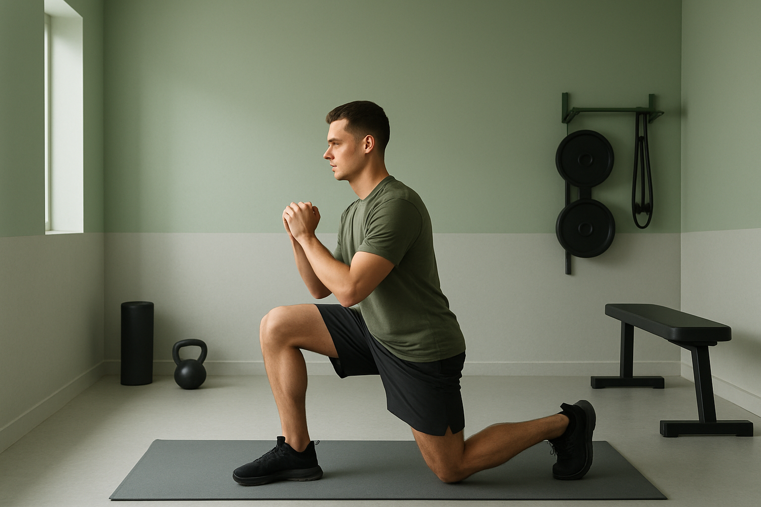 persona entrenando con entorno minimalista, tonos verdes/grises